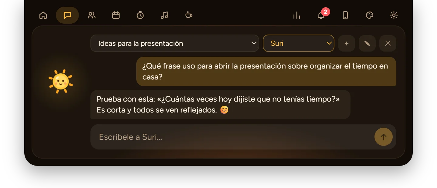 La isla desplegada en la pestaña Charlar, con una conversación con Suri