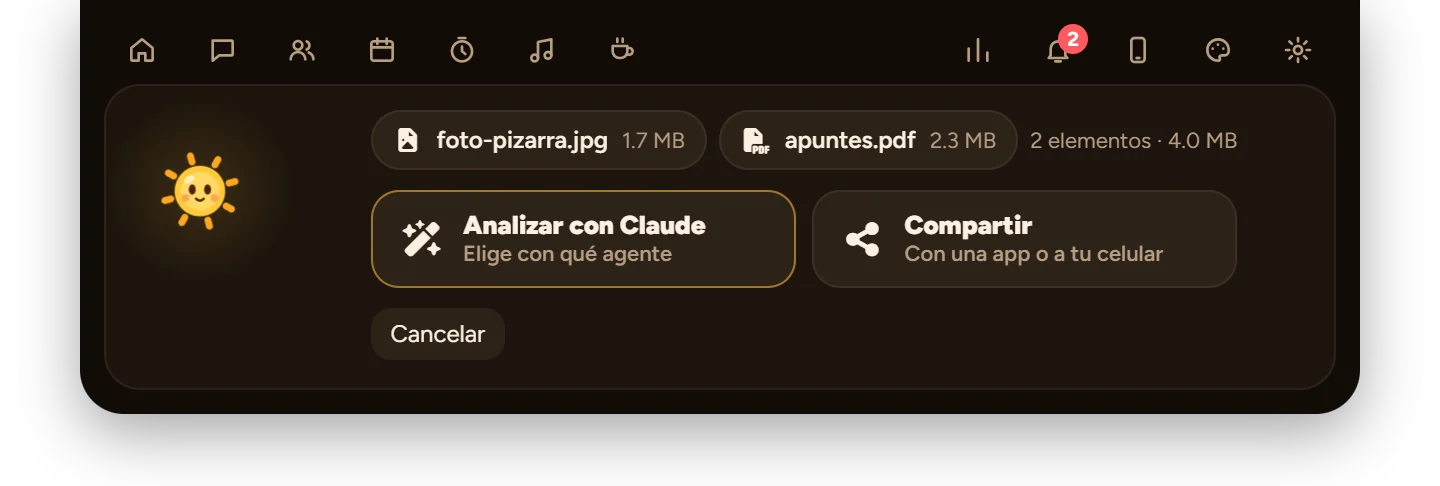 Dos archivos soltados sobre la isla, con las opciones Analizar con Claude y Compartir