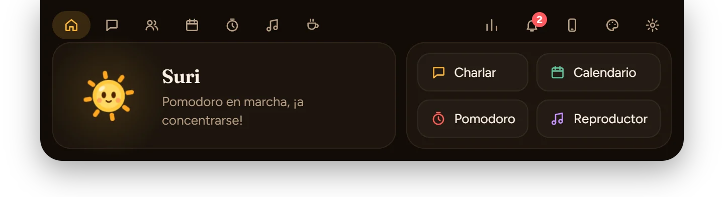 Pestaña Inicio con el saludo de Suri y atajos a Charlar, Calendario, Pomodoro y Reproductor