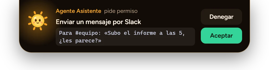 Tarjeta de permiso en la isla: el agente Asistente pide enviar un mensaje por Slack, con los botones Denegar y Aceptar