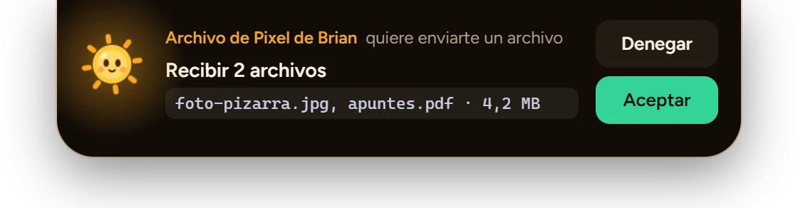 Tarjeta en la isla: Pixel de Brian quiere enviar dos archivos, con Denegar y Aceptar