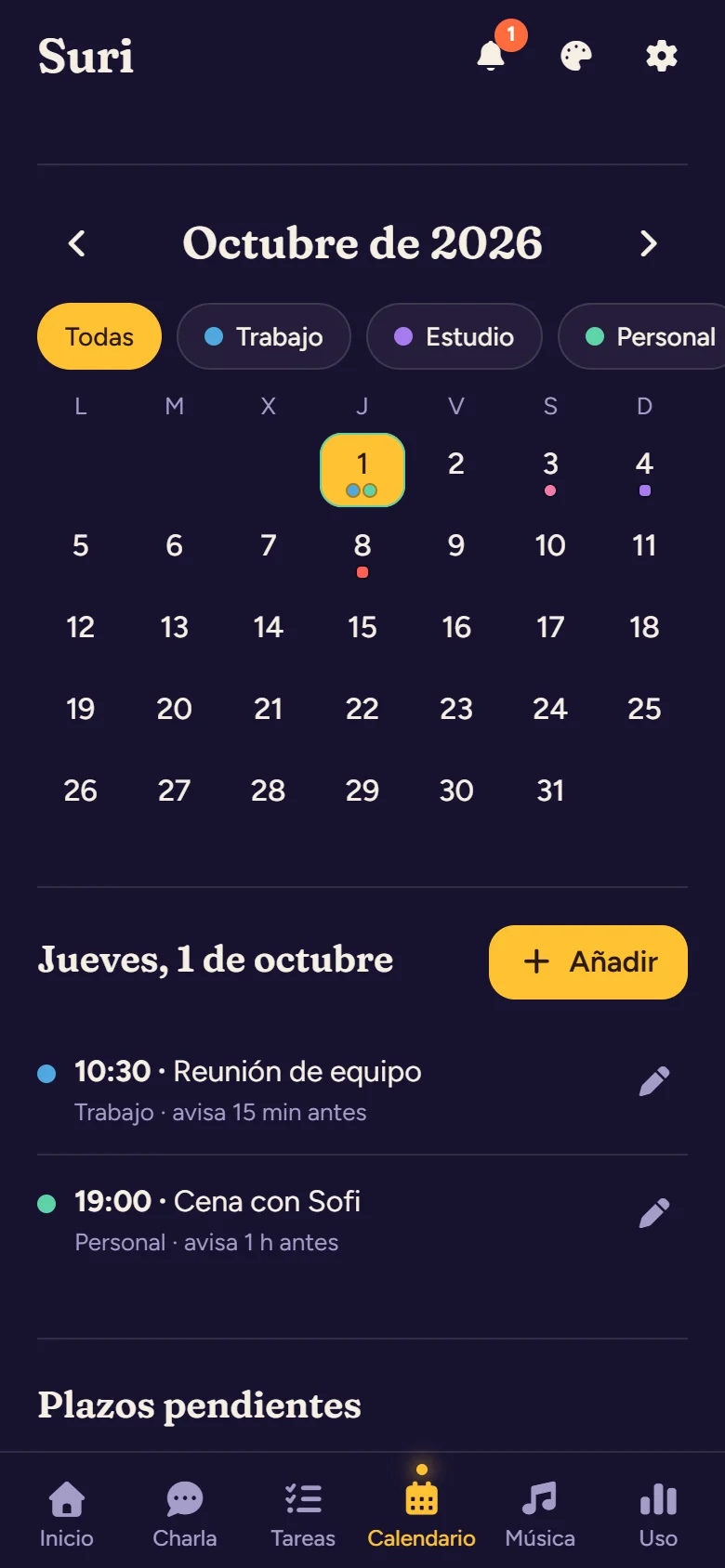 Calendario del mes con filtros por categoría y los eventos de hoy