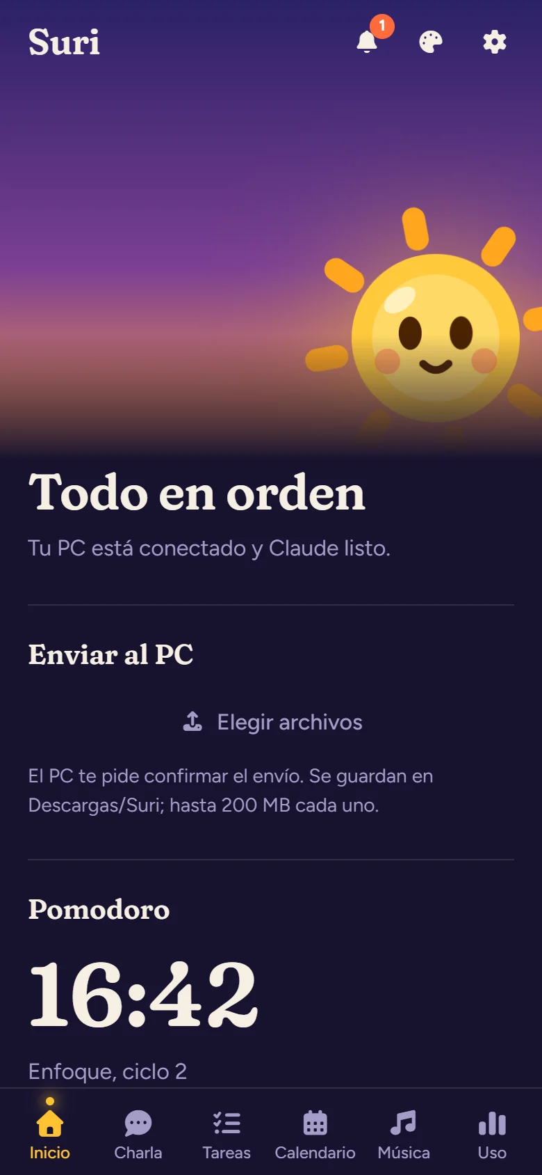 Inicio de la app: Todo en orden, con Suri al atardecer