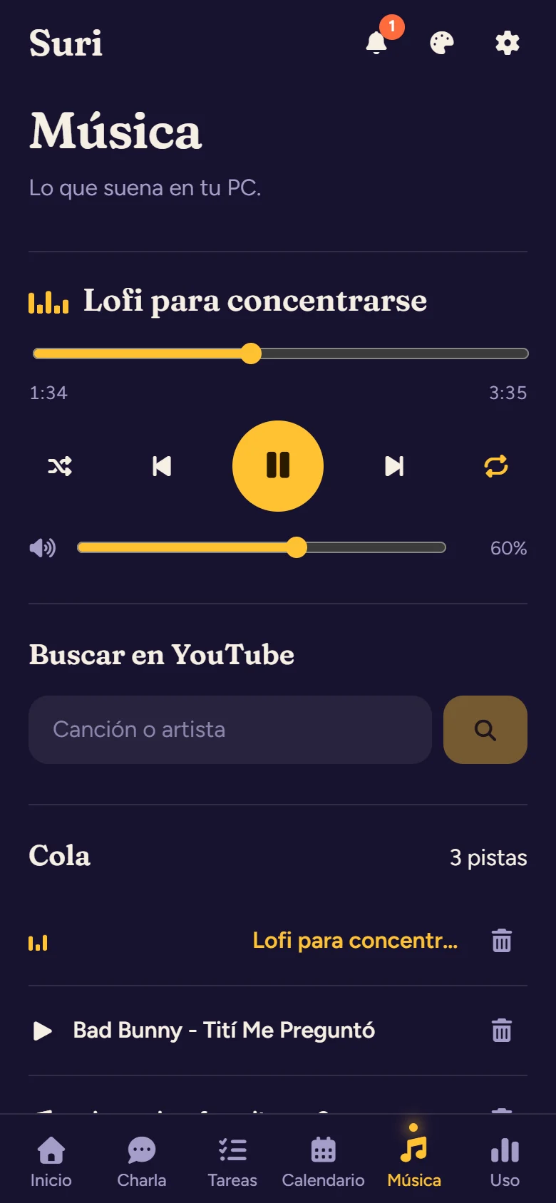 Música: lo que suena en el PC, con controles, volumen, buscador de YouTube y la cola