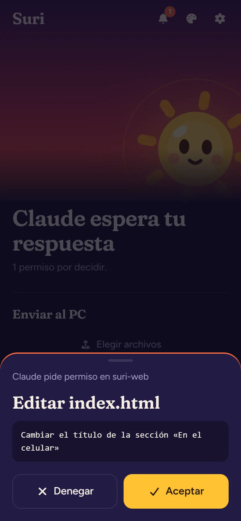 Hoja de permiso: Claude pide editar un archivo, con Denegar y Aceptar