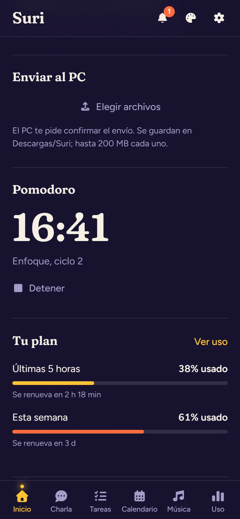 Enviar al PC, el Pomodoro en marcha y el uso del plan